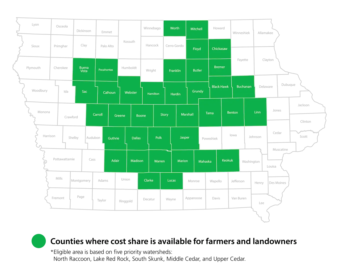 Map of Iowa where counties that have cost share available for farmers and landowners are highlighted in green