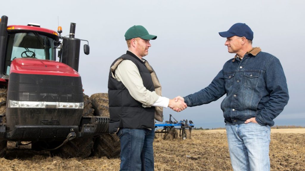 two people shaking hands in a field