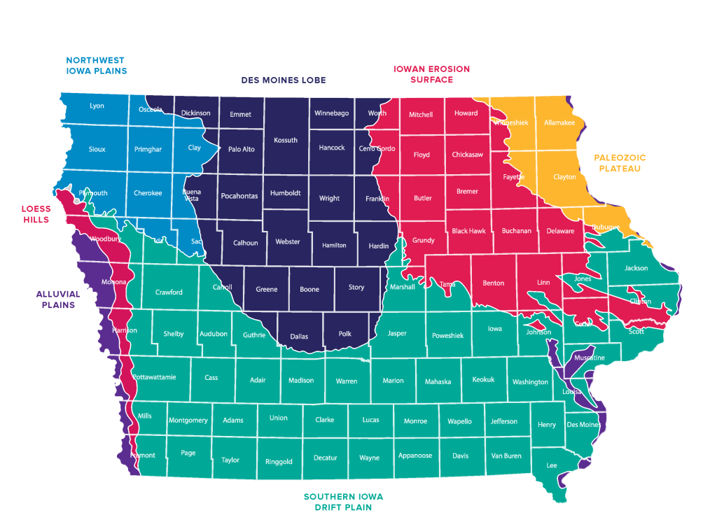 map of Iowa showing natural geologic landforms