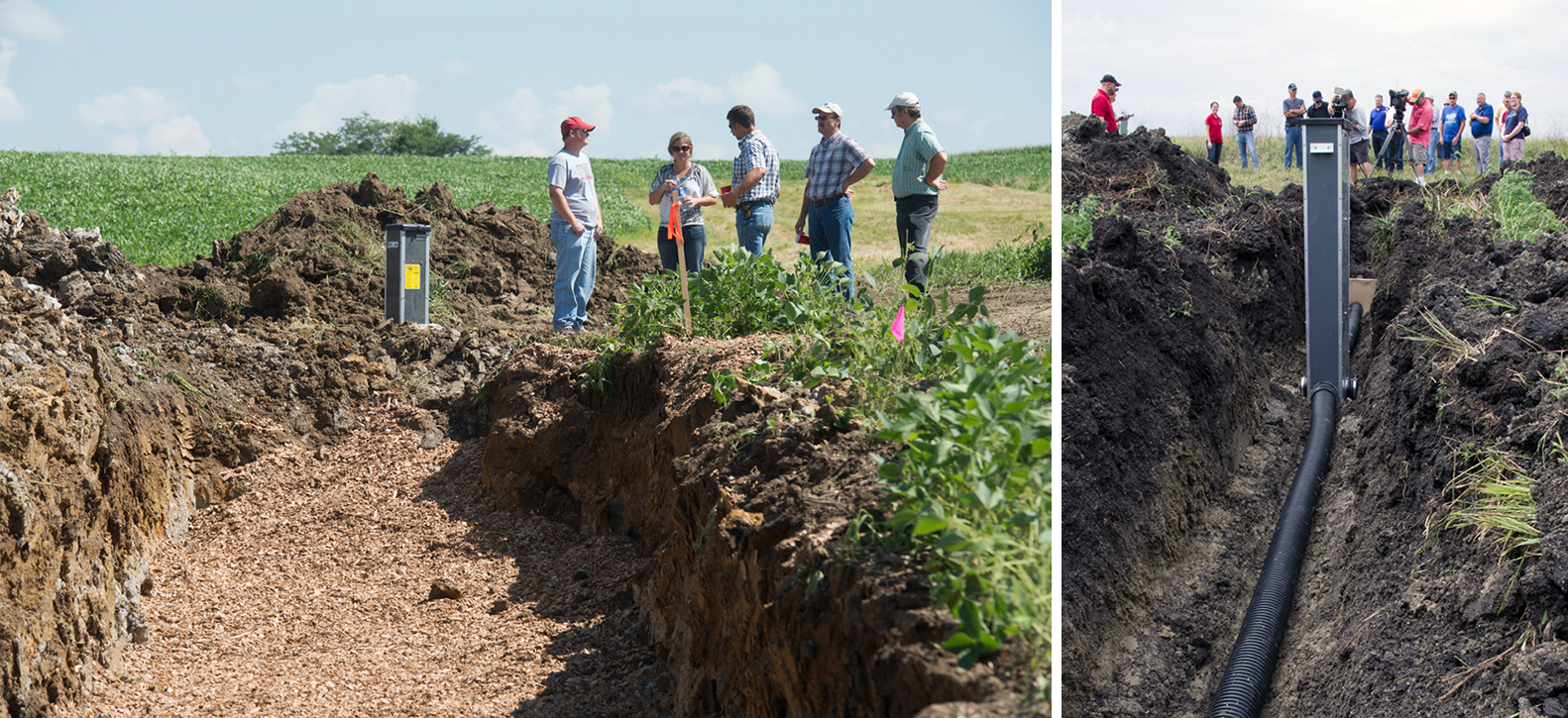 Two photos shown. The left-hand photo shows a bioreactor pit filled with woodchips, with five people standing nearby at the edge of a crop field. The right-hand photo shows a dug-out gulch containing a saturated buffer unit at a field edge, with a nearby group of people observing.