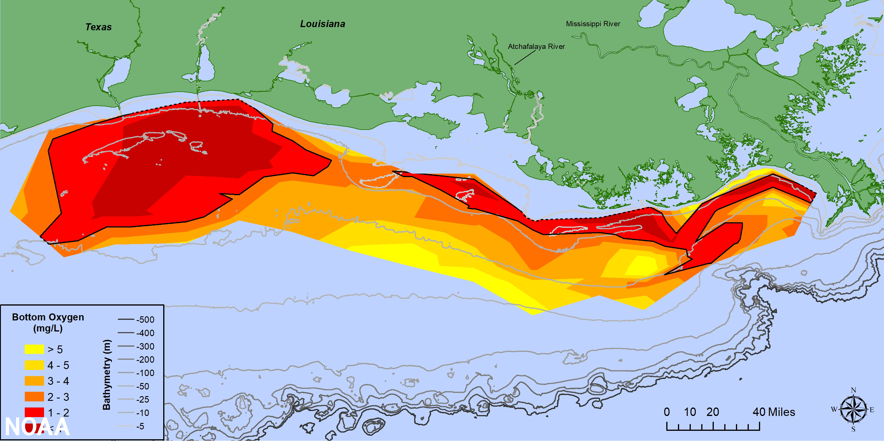Map of measured Gulf hypoxia zone, July 25-31, 2021